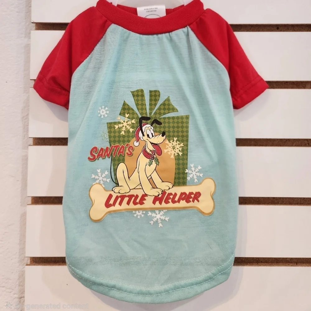 Disney Pluto Santa's Little Helper Dog Christmas Tee Shirt Red Blue - Picture 1 of 3